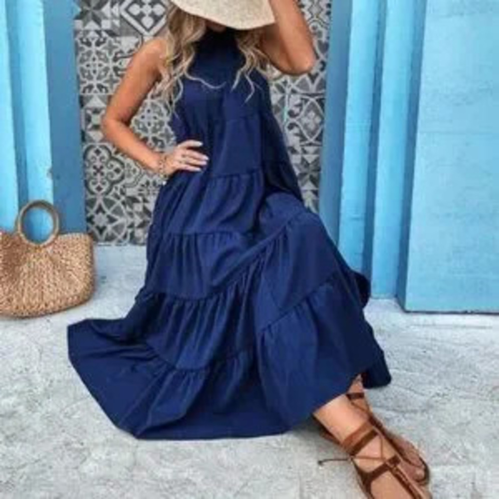 Boho Tie Back Ruffle Hem Smock Dress Navy blue